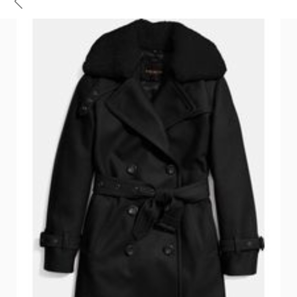Coach Belted Wool Trench Coat With Shearling Collar